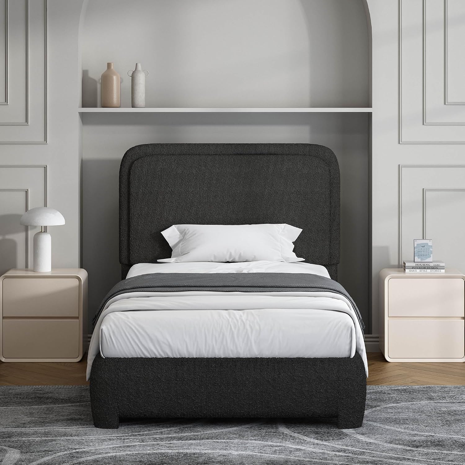 BarnFurin Twin Size Bed Frame, Boucle Upholstered Platform Bed Frame with Headboard, Soft Rounded Corners, No Box Spring Required, Non-Slip and Noise-Free, Easy Assembly, Black