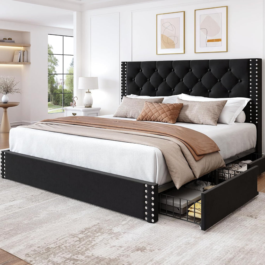 LARMACE Full Size Bed Frame with 4 Storage Drawers and Tufted Headboard Upholstered Platform Bed Frame with Heavy Duty Wood Slats, No Box Spring Needed, Easy Assembly,Black