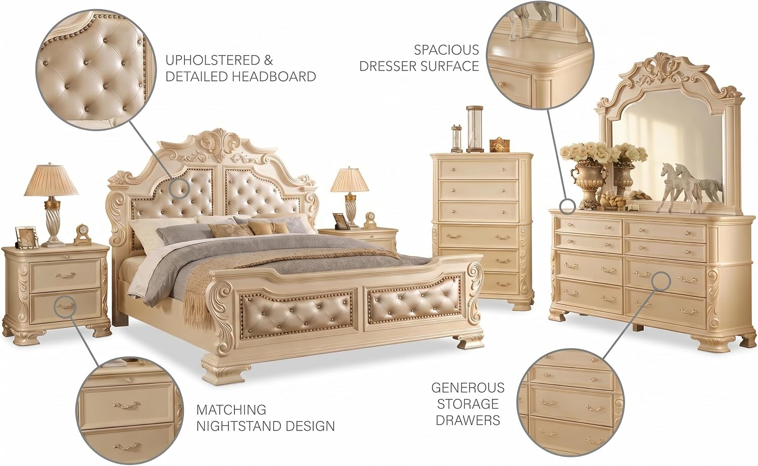 First of a Kind Victoria Off White Traditional 5 Piece King Bedroom Set with Upholstered Tufted Headboard Elegant European Inspired Design Coordinated Furniture Collection