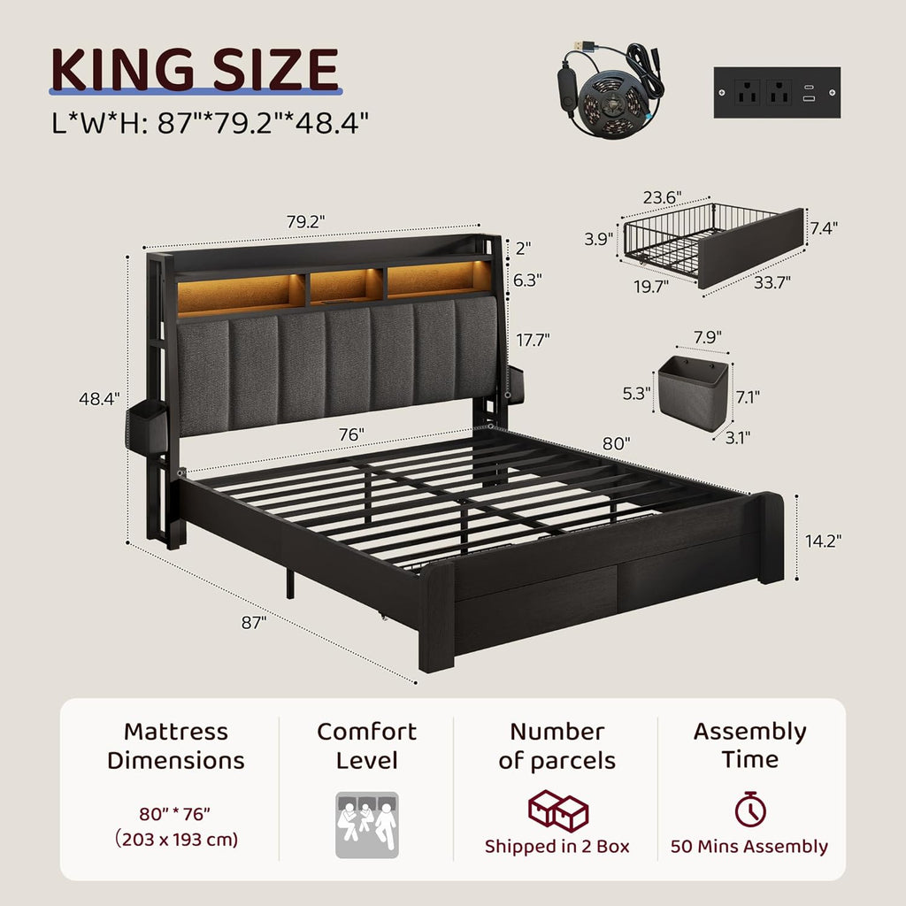 BRELTAM King Bed Frame with upholstered Headboard & Storage Drawers Metal Platform Bed Frames King Size with LED Lights Built in Charging Station, No Box Spring Needed, No Noise, Easy Assembly,Black