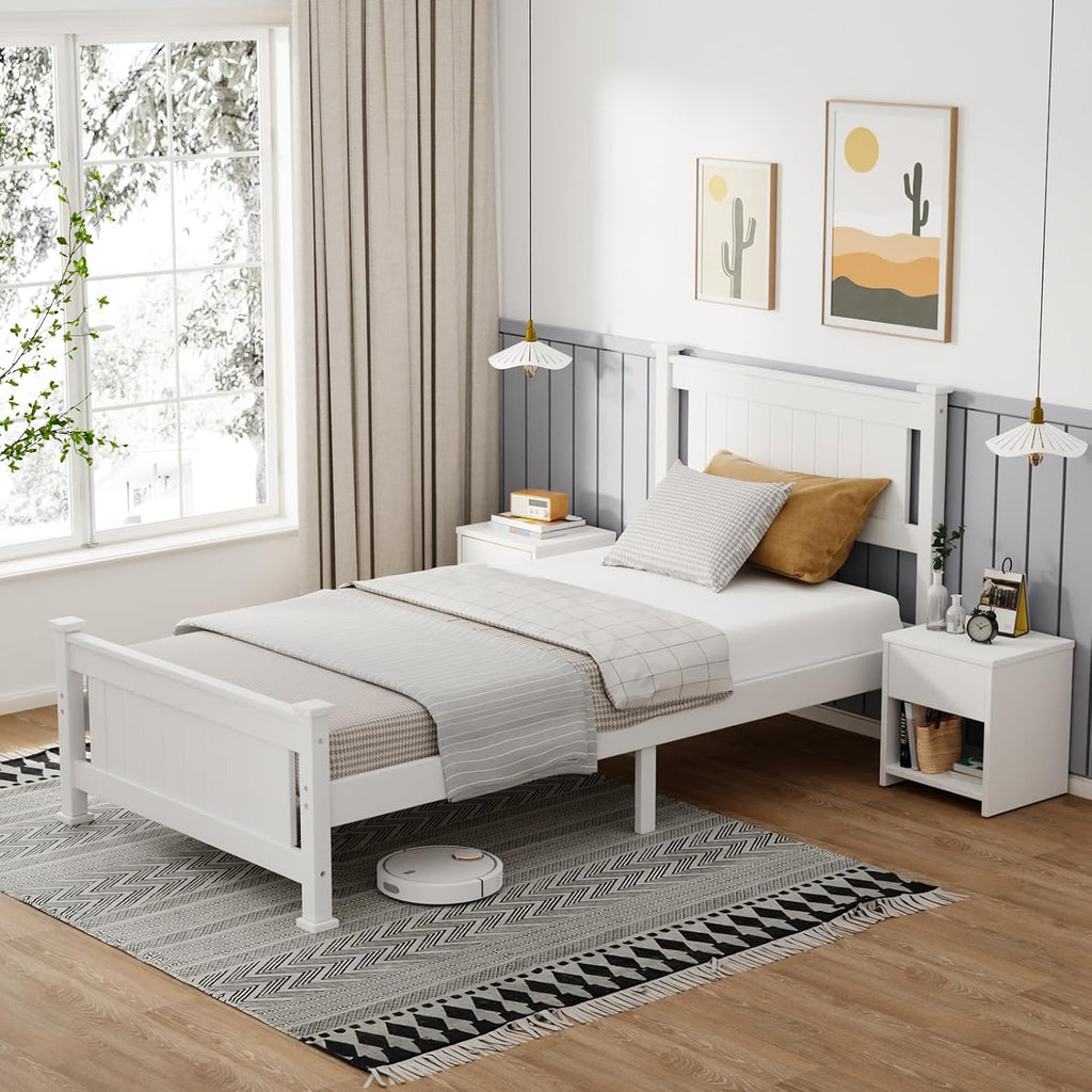 VINGLI Twin Bed Frame Set of 2 Solid Wood Platform Bed Frame, Single Bed with Headboard, No Box Spring Needed Panel Bed, Wood Slat Support Mattress Foundation, White
