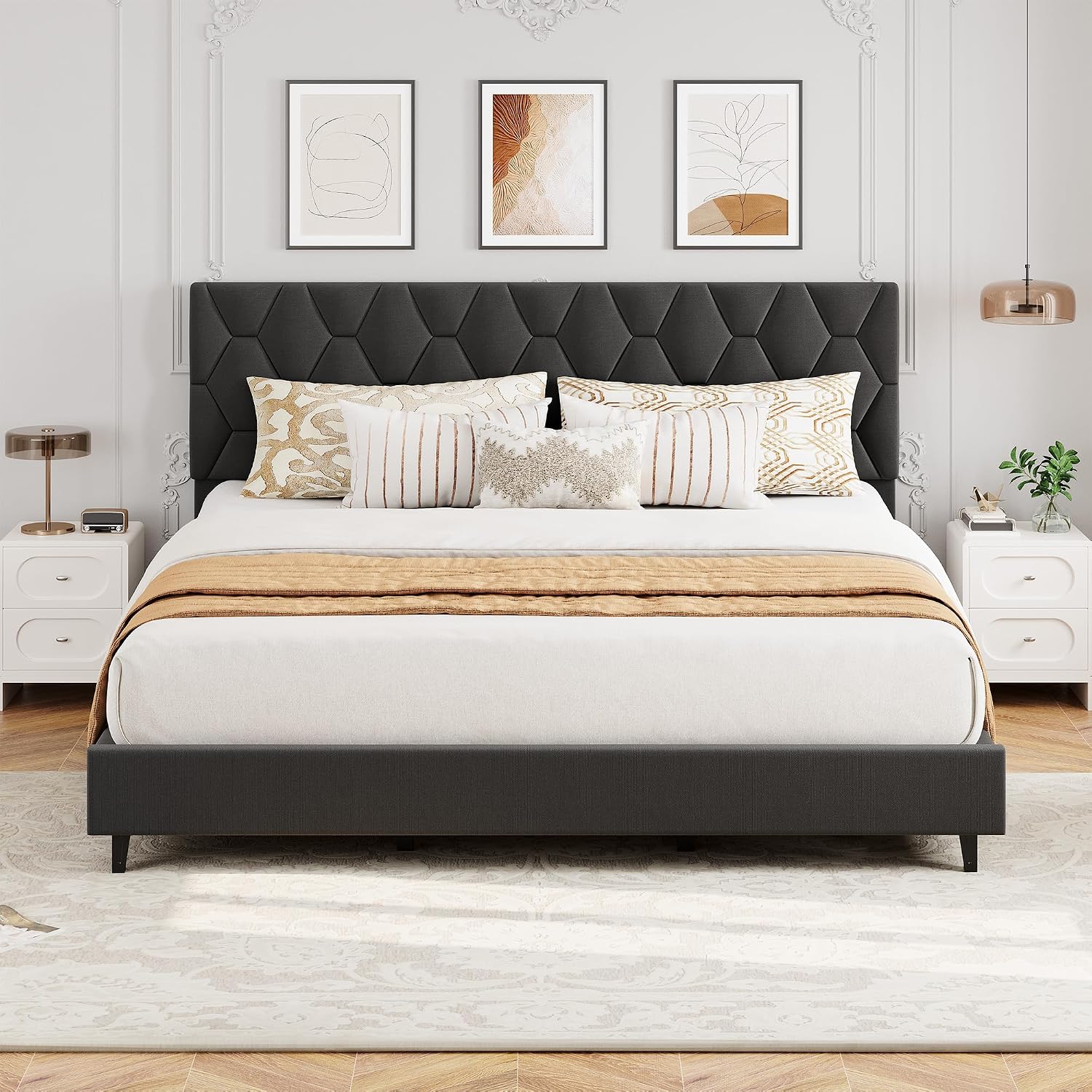 GarveeHome King Size Platform Bed Frame with Upholstered Headboard and Wooden Slats Support, Upholstered Mattress Foundation/No Box Spring Needed/Easy Assembly, Grey