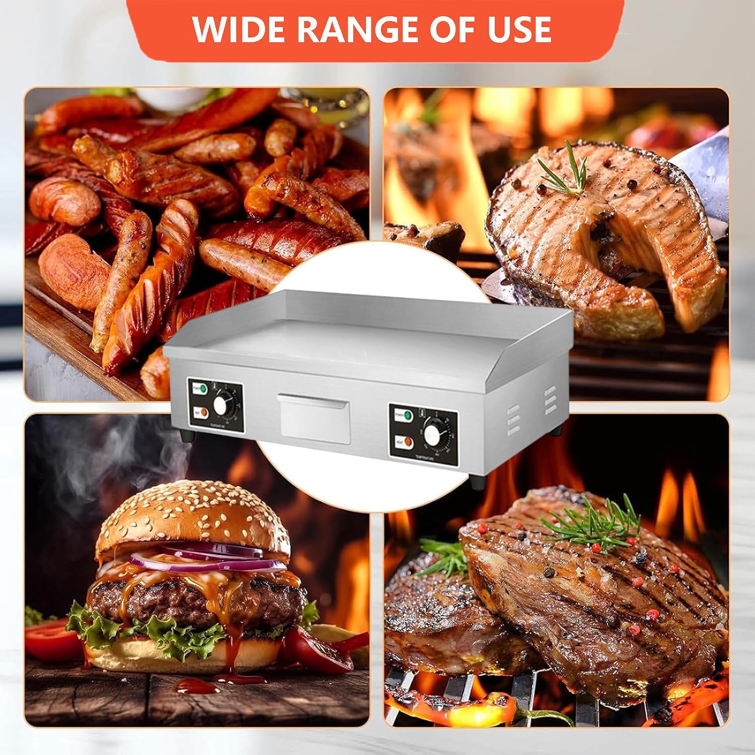 Electric Griddle, Commercial Flat Top Grill, Stainless Steel Steak Bacon Fryer, Countertop Burger Bacon Grill Plate Pancake Maker, with 3 Cleaning Shovels & 3 C，4400W