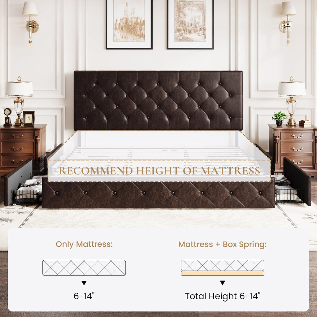 SHA CERLIN Upholstered King Size Platform Bed Frame with 4 Storage Drawers, Adjustable Headboard with Diamond Stitched Button Tufted Design, Wooden Slat Support, No Box Spring Needed, Black Brown