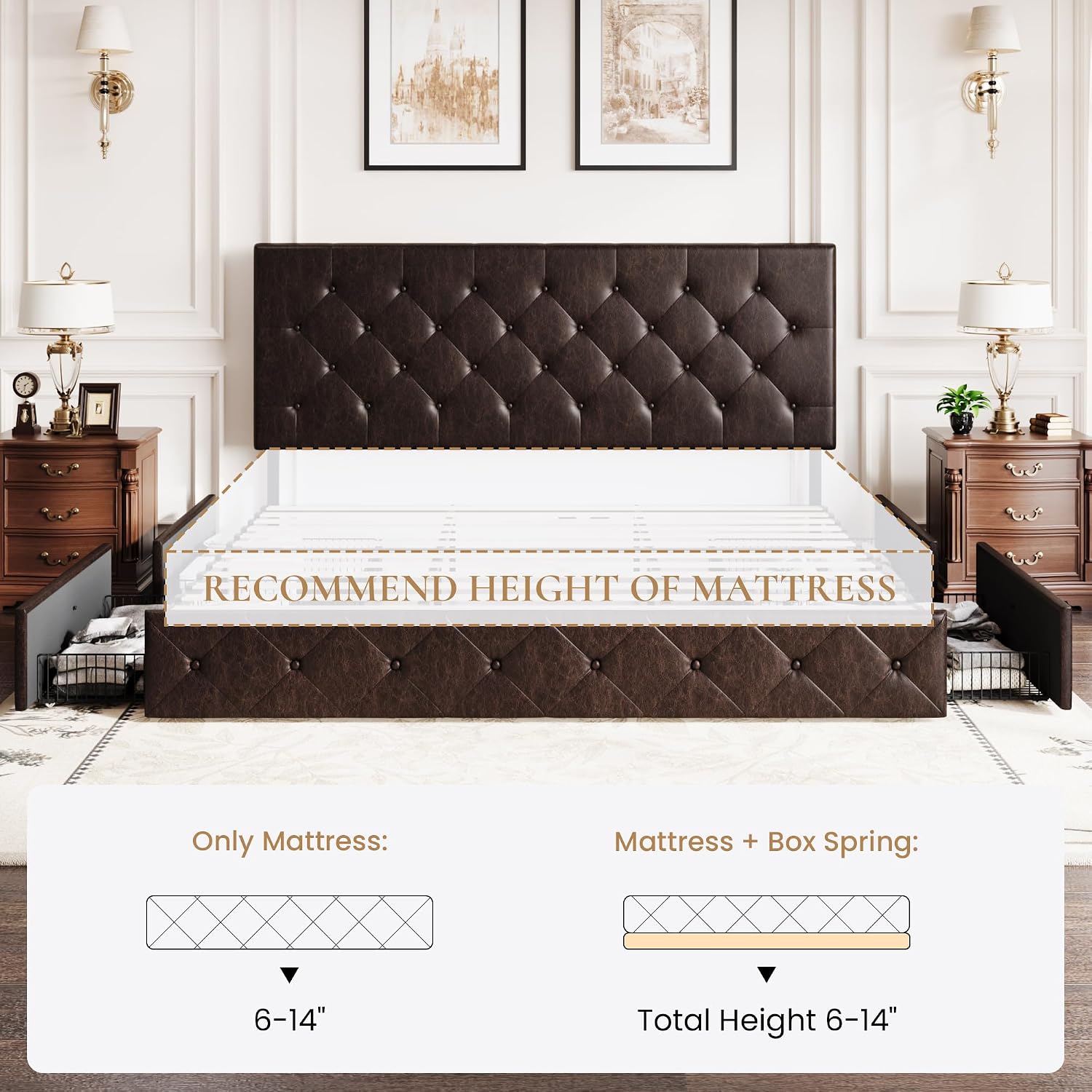 SHA CERLIN Upholstered King Size Platform Bed Frame with 4 Storage Drawers, Adjustable Headboard with Diamond Stitched Button Tufted Design, Wooden Slat Support, No Box Spring Needed, Black Brown