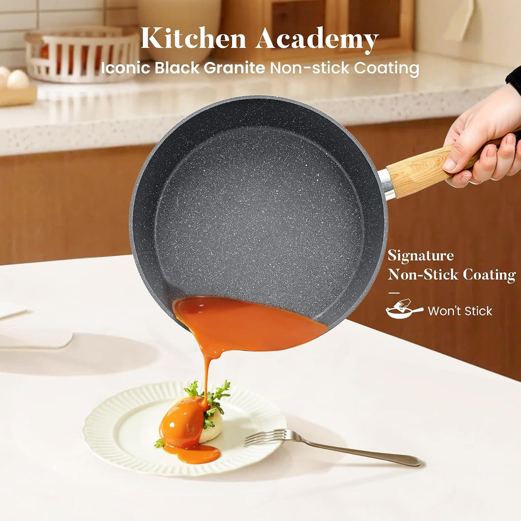 Kitchen Academy Granite Pots and Pans Set Non Stick - 17 Piece Nonstick Cookware Set, Induction Gray Cooking Pans Set, PFOA & PFOS Free.