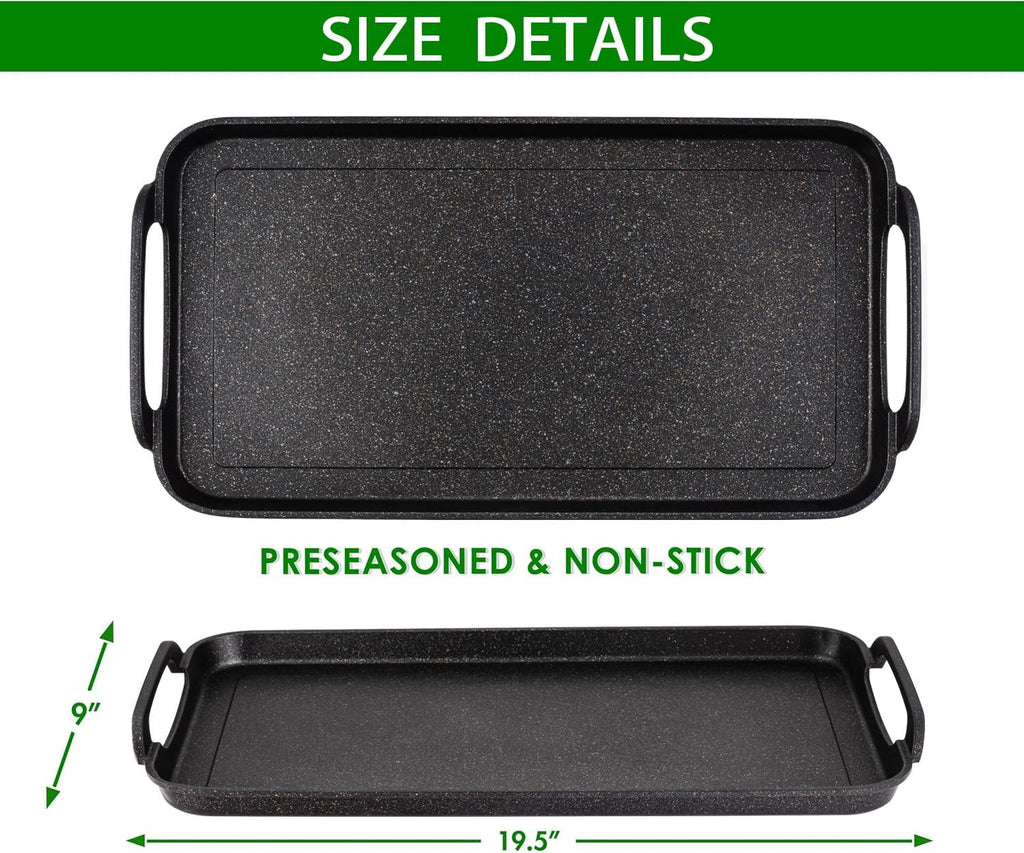 Marble Nonstick Double Griddle for all Stove Tops, 19 x 11.5, Cast Aluminum, Flat Surface - Jade Handles