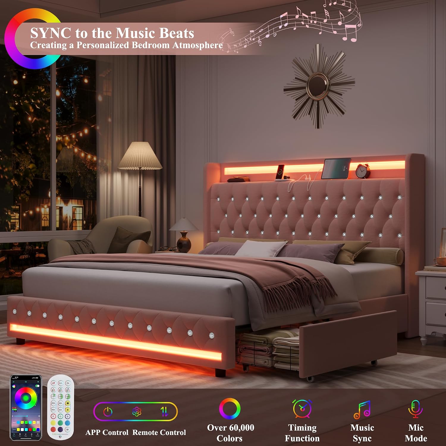 HIFIT Upholstered Queen LED Bed Frame with Charging Station and 2 Storage Drawers, Velvet Crystal Button-Tufted Wingback Headboard, Princess Platform Bed Frames for Girls, No Box Spring Needed, Pink