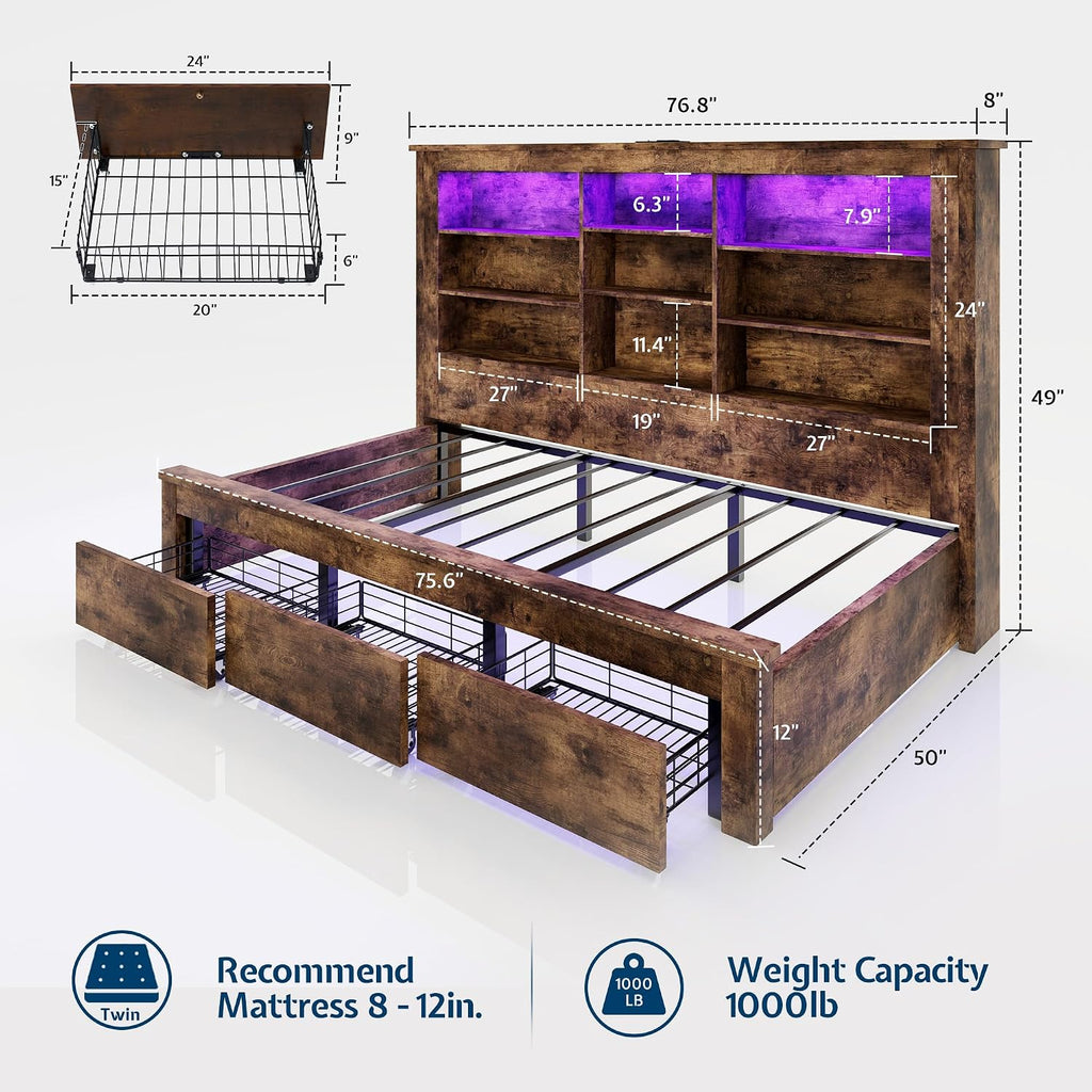 Jocisland Twin Bed Frame with Storage Drawers, Bookcase Headboard, USB Charging, RGB Lights, Farmhouse Wood Daybed No Box Spring Needed, Rustic Oak | 49' tall shelving