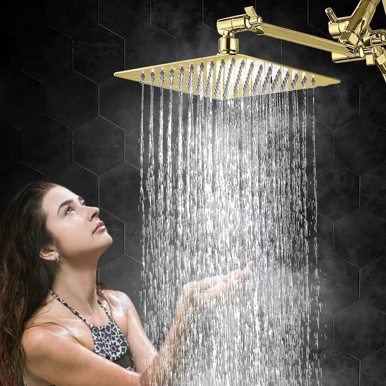 G-Promise All Metal 8 Inch Dual Square Shower Head with Handheld Spray Combo, Rain Shower Head, Adjustable Extension Arm, 3-Way Diverter, 71 Inch Extra Long Hose - A Bathroom Upgrade (Polished Brass)