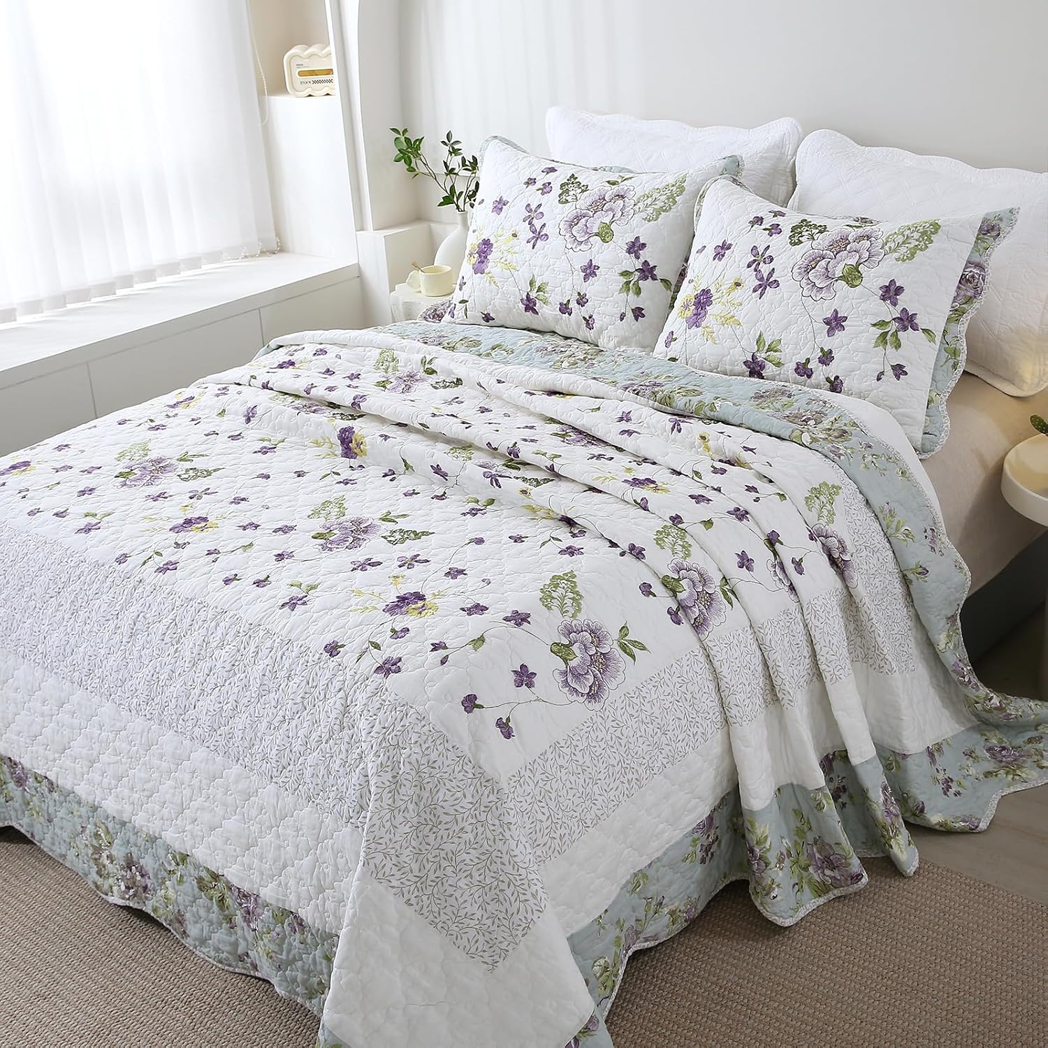 vctops 3-Piece Elegant Floral Embroidered Bedspread Coverlet Set Oversize Queen 100% Cotton Reversible Patchwork 1 Quilt and 2 Pillow Shams (Flower H,Oversize Queen)