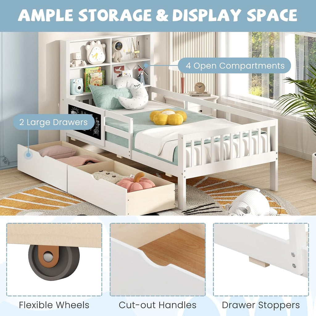 Giantex Twin Bed with 2 Storage Drawers, Solid Wood Kids Bed Frame w/Bookcase Headboard & Blackboard, Full-Length Guardrails & Wooden Slats Support, Twin Bed Frames for Kids Boys Girls, White