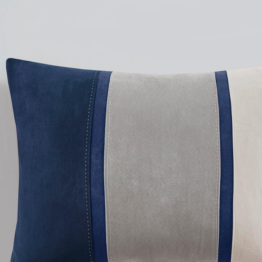 Madison Park Palisades Comforter Set Modern Faux Suede Pieced Stripe Design, All Season Down Alternative Cozy Bedding with Matching Shams, Decorative Pillows, King(104'x92'), Blue 7 Piece