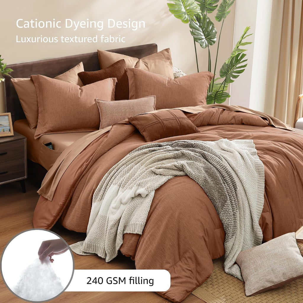 Monbix Super King Plus Comforter Set, Autumn Leaf Cationic Dyeing Bedding Set Reversible, Bed in a Bag 7 Pieces with Comforter, Sheets, Pillowcases & Shams