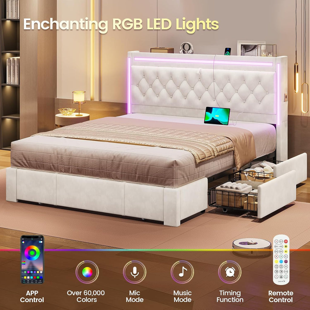 BTHFST Upholstered LED Bed Frame Queen Size with 5 Storage Drawers, Hidden Storage Headboard with Charging Station, Velvet Button Tufted Headboard Platform Bed, Beige