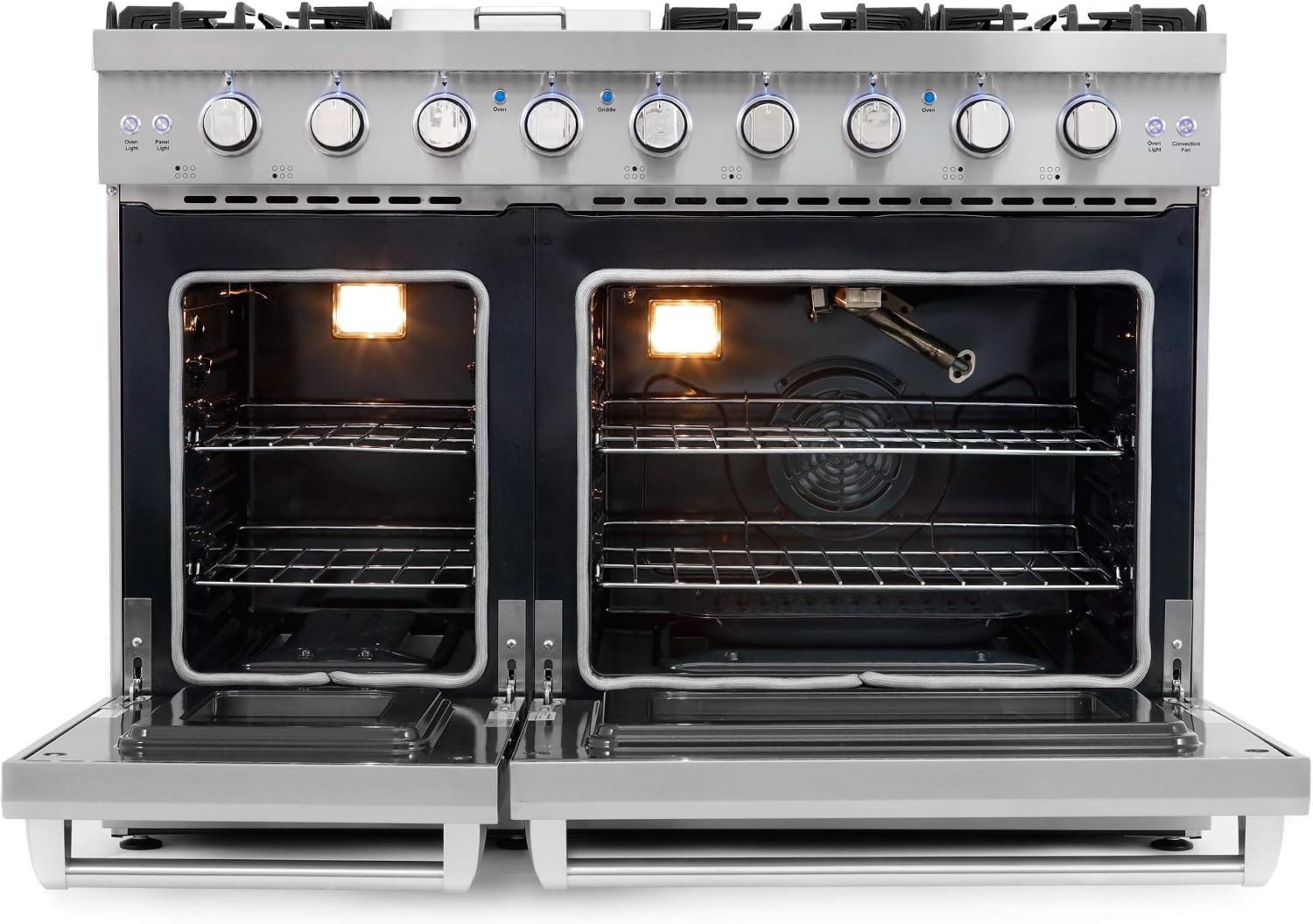 COSMO COS-EPGR486G 48 in. Haven Collection 7 cu. ft. Double Oven Gas Range, 6 Burners, Griddle, Convection, Knob LEDs, Stainless Steel