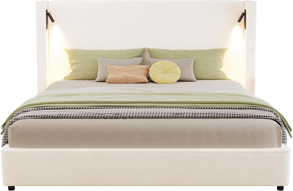 Christopher Knight Home Hazel 49.20' H King Headboard Bed, Upholstered King Size Bed, Slats Panel Support Platform, No Spring Box Needed, Wingback Headboard with Reading Lamps and USB, Beige