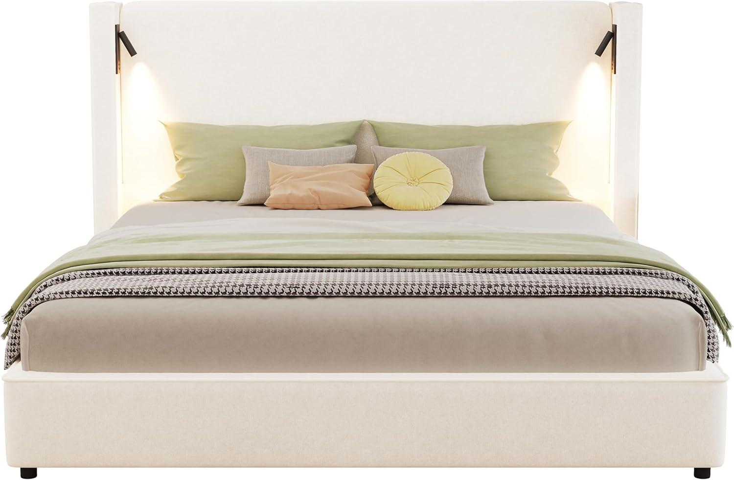 Christopher Knight Home Hazel 49.20' H King Headboard Bed, Upholstered King Size Bed, Slats Panel Support Platform, No Spring Box Needed, Wingback Headboard with Reading Lamps and USB, Beige