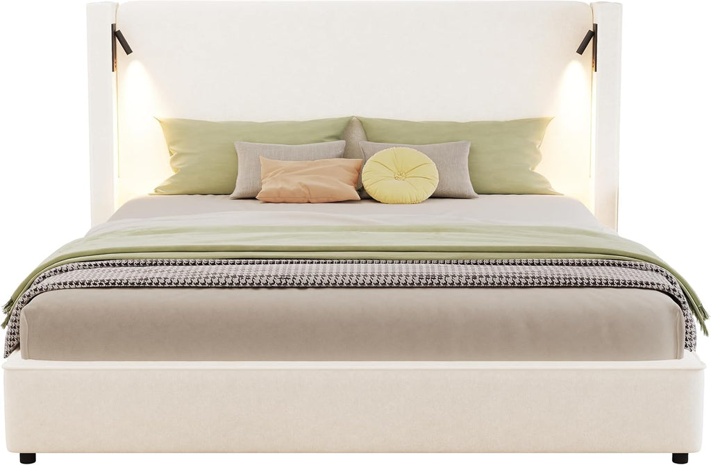 Christopher Knight Home Hazel 45.70'H California King Bed Frames, Linen Upholstered Cal King Bed Frame, Slats Panel Support, No Spring Box Needed, Wingback Headboard with Reading Lamps and USB, Beige