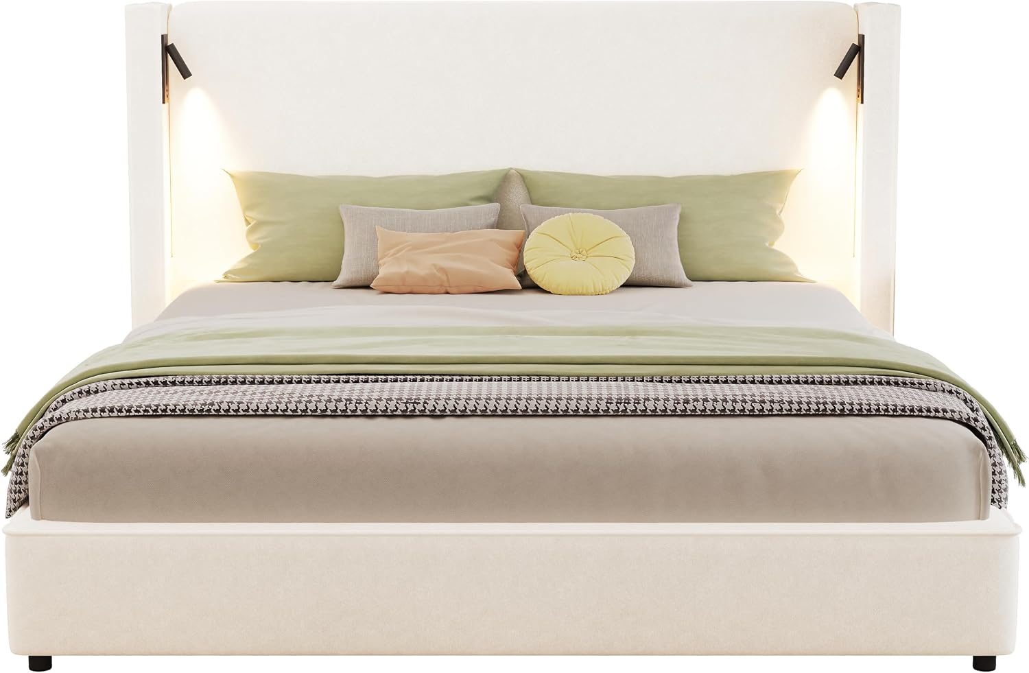 Christopher Knight Home Hazel 45.70'H California King Bed Frames, Linen Upholstered Cal King Bed Frame, Slats Panel Support, No Spring Box Needed, Wingback Headboard with Reading Lamps and USB, Beige