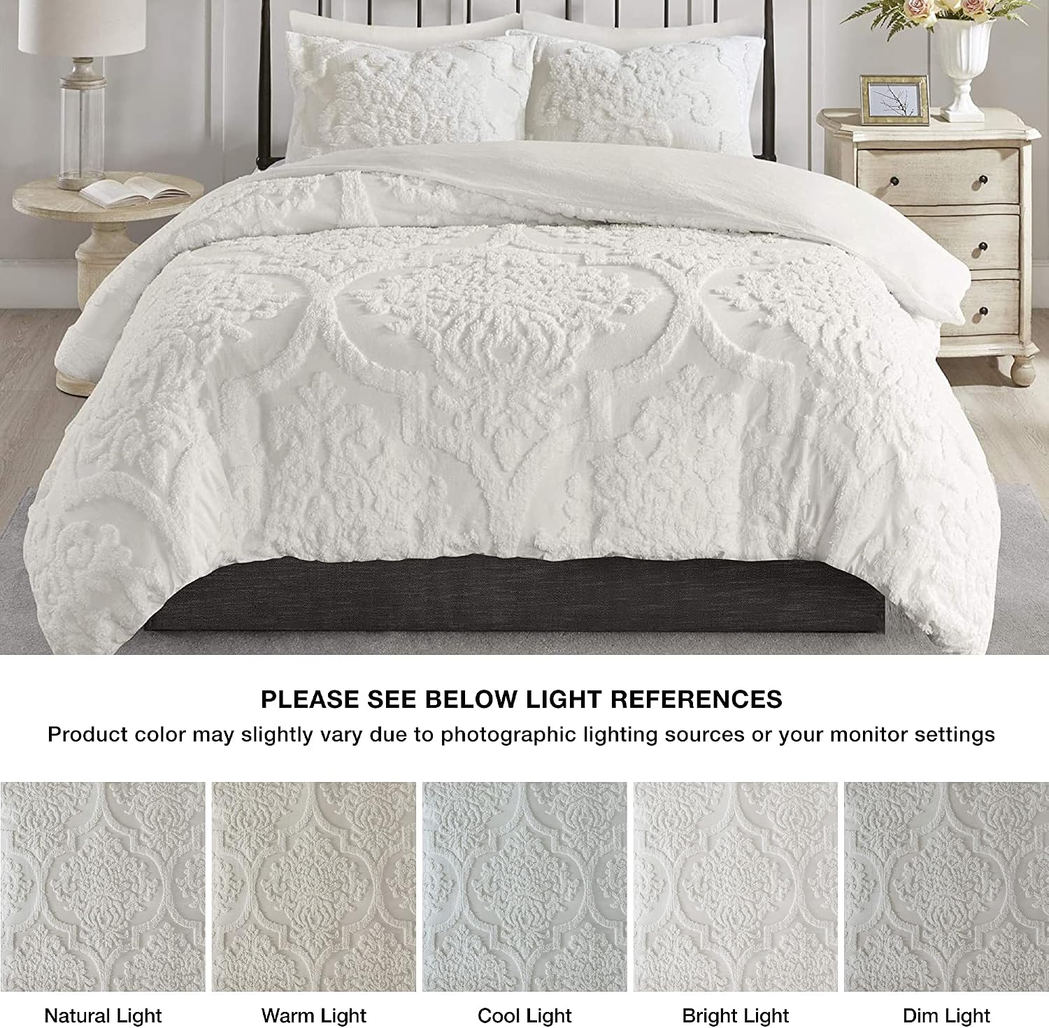 Madison Park Tufted Chenille Cotton Comforter, All Season Bedding Set, Matching Shams, Viola, Damask Off White King/Cal King(104'x92') 3 Piece