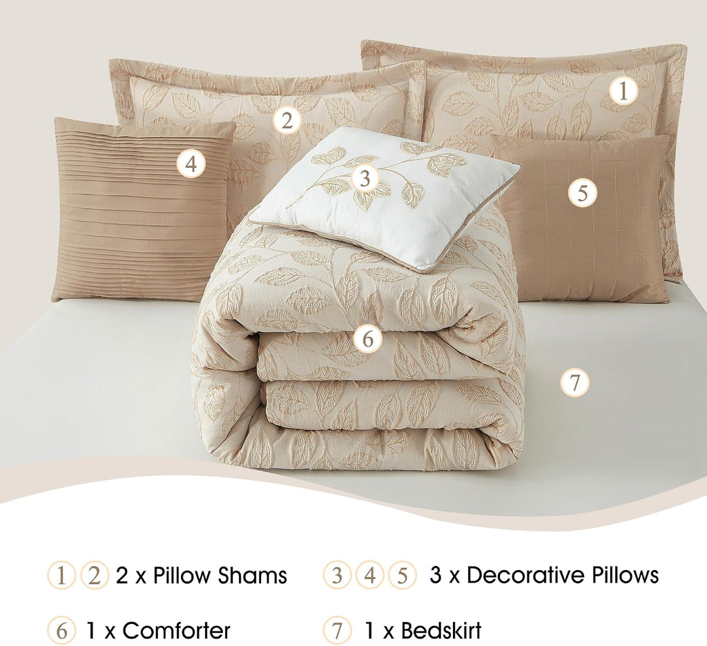 Stratford Park 3D Jacquard Leaves Polyester Comforter Set, 7 Piece Beige Gold Queen Size Bedding Set, All Season Bedding, Matching Pillows, Shams, Bed Skirt