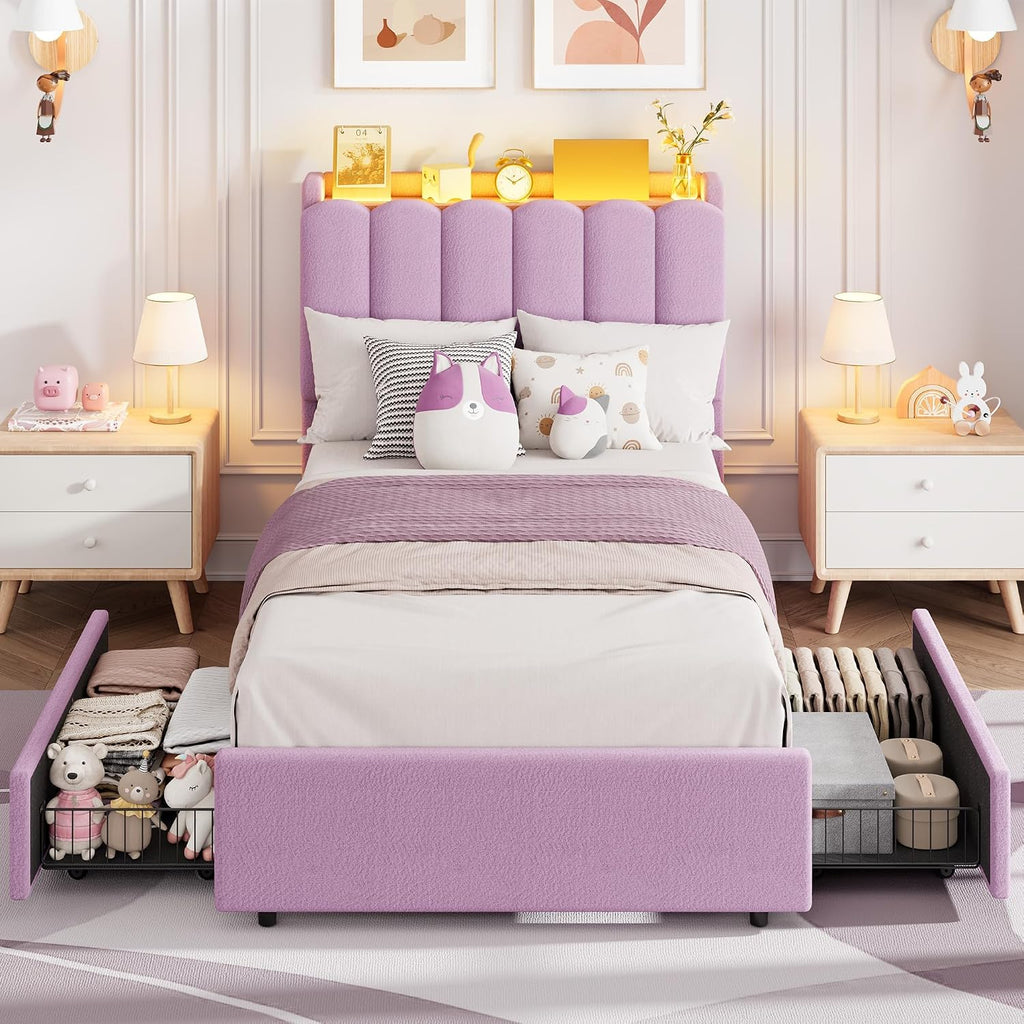 Garvee LED Twin Size Bed Frame with Storage Headboard, Kids Bed Frame with 2 Drawers, Boucle Upholstered Platform Bed for Girls, Chic Wavy Headboard with Bookcase, No Box Spring Needed, Purple