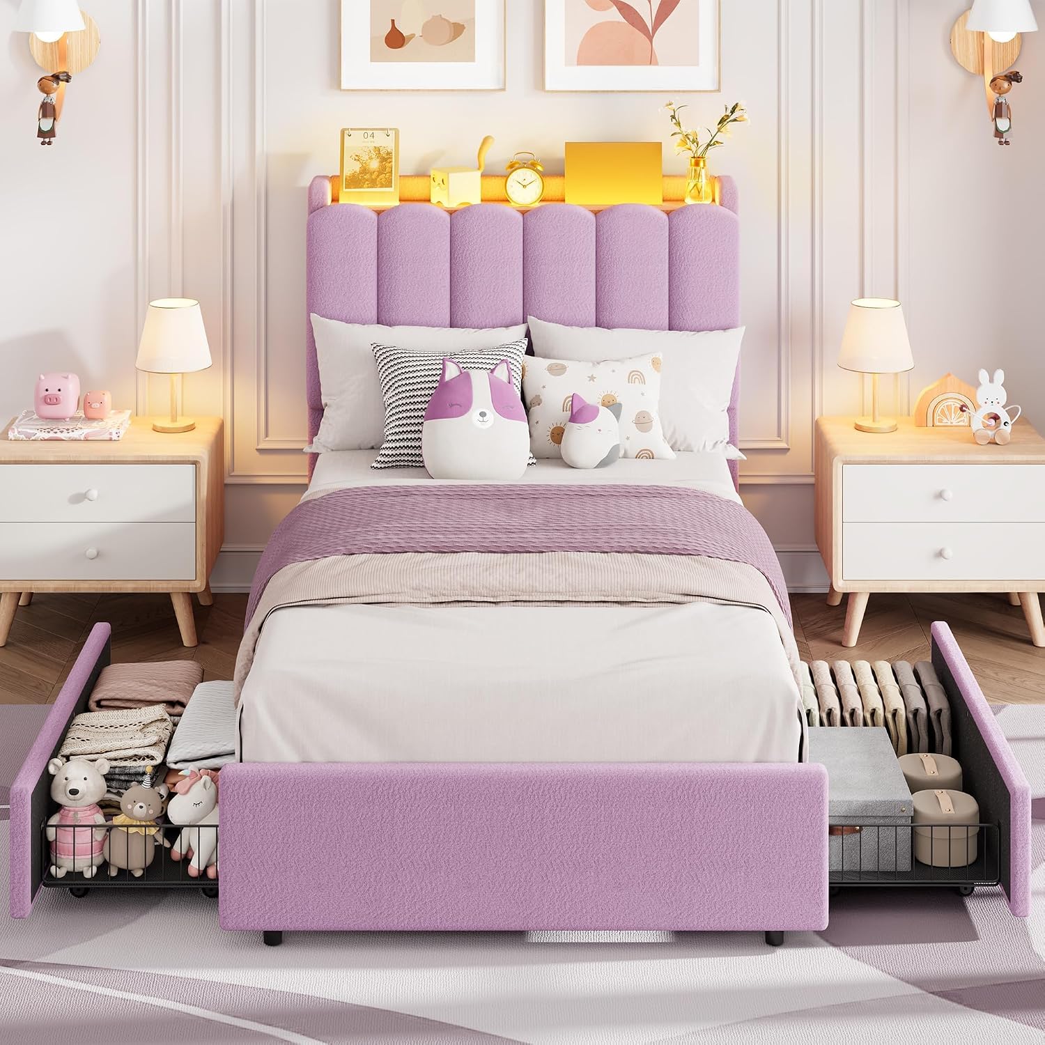 Garvee LED Twin Size Bed Frame with Storage Headboard, Kids Bed Frame with 2 Drawers, Boucle Upholstered Platform Bed for Girls, Chic Wavy Headboard with Bookcase, No Box Spring Needed, Purple