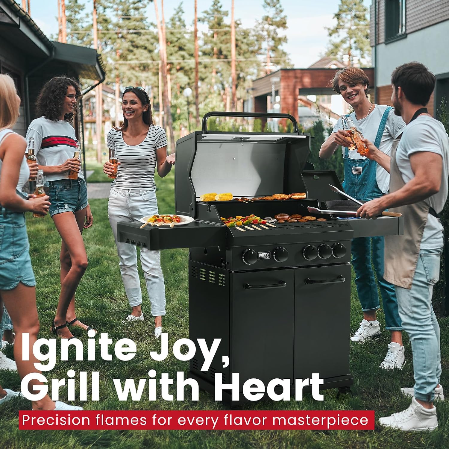 4 Burner Propane Grill,50000 BTU BBQ Grill with Side Burner and Enameled Cast Iron Grates,Visible Window Gas Grill with Wheels for Outdoor Cooking, Patio, Garden Barbecue Griliing