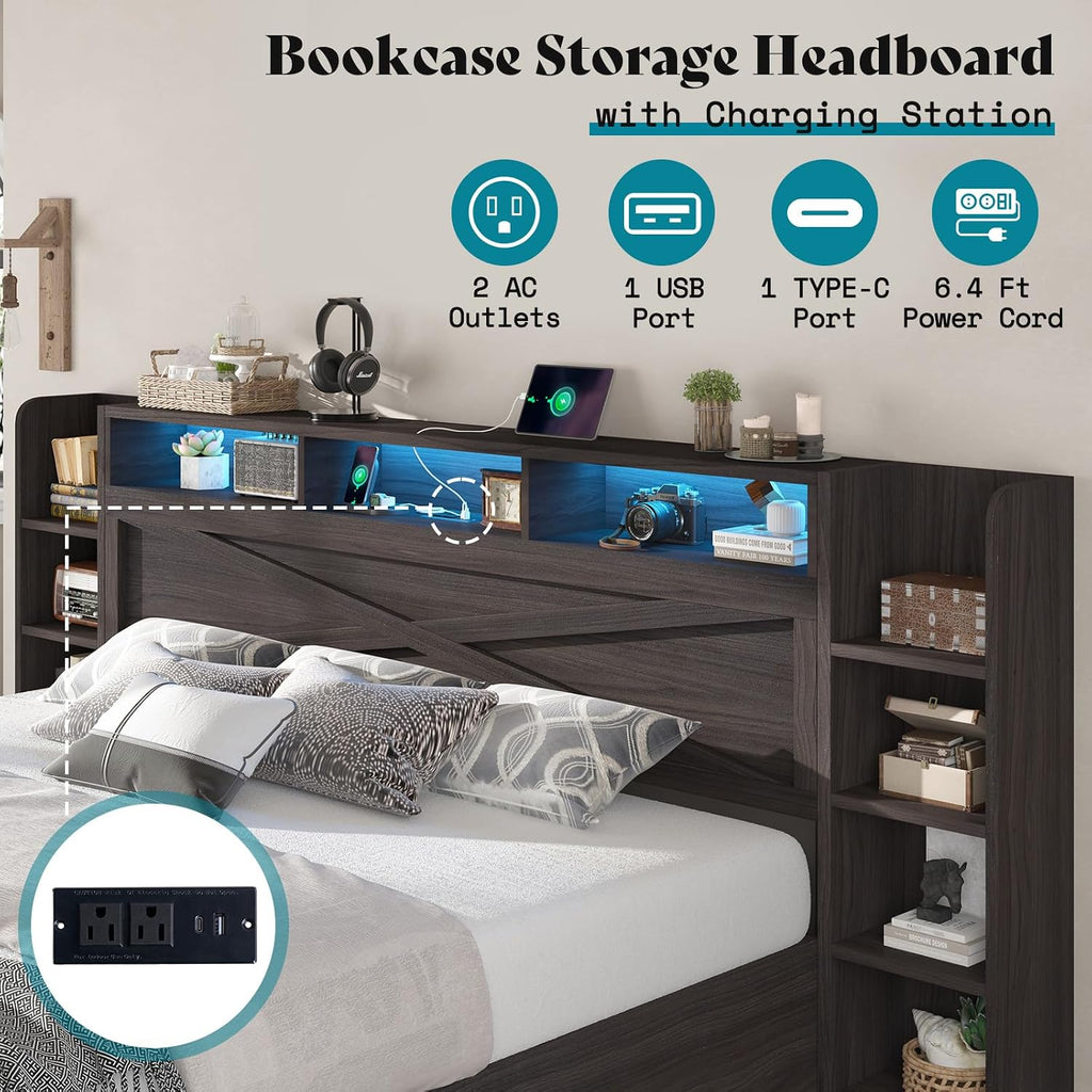 AMERLIFE Full Size Lift Up Storage Bed Frame, 45.1' LED Bed Frame with 2 Side Shelf & Bookcase Headboard, Farmhouse Wood Platform Bed with Charging Station, No Box Spring Needed, Black