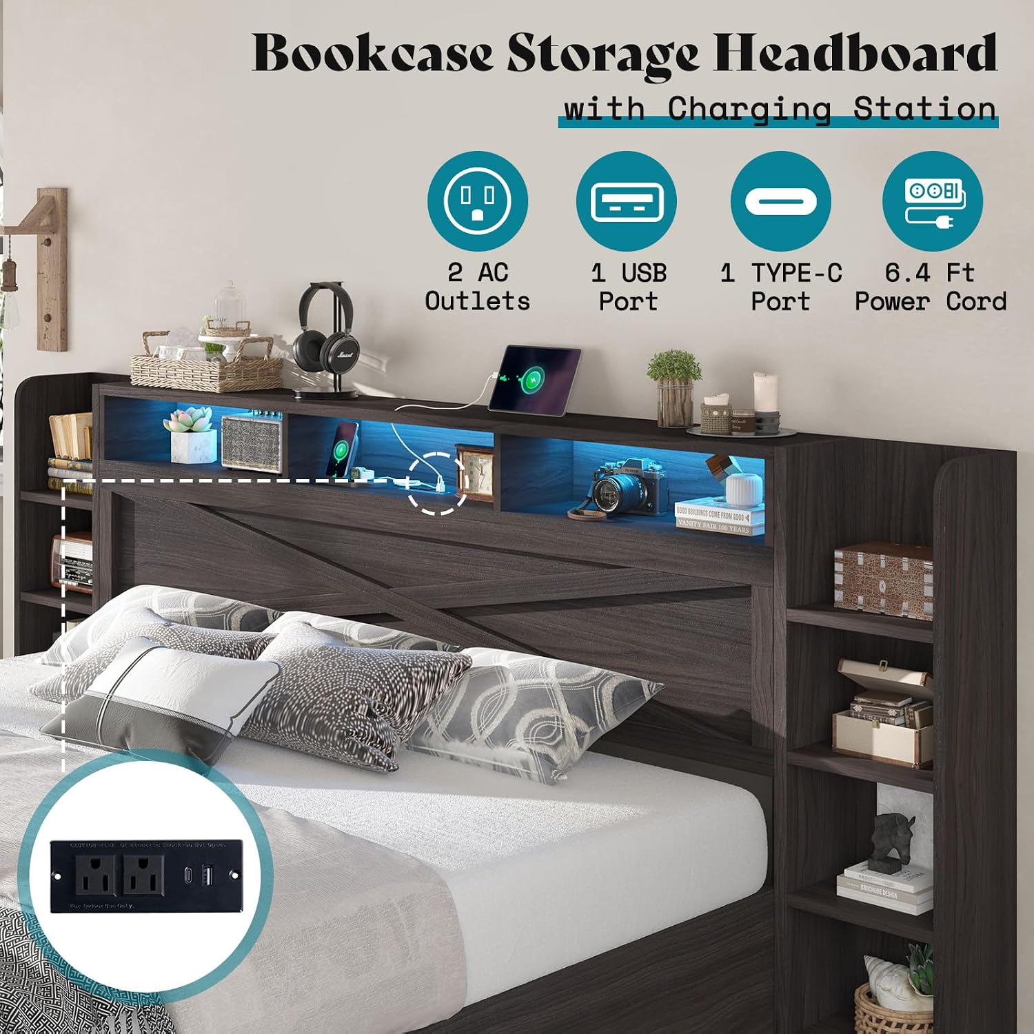 AMERLIFE Queen Size Lift Up Storage Bed Frame, 45.1' LED Bed Frame with 2 Side Shelves & Bookcase Headboard, Farmhouse Wood Platform Bed with Charging Station, No Box Spring Needed, Black