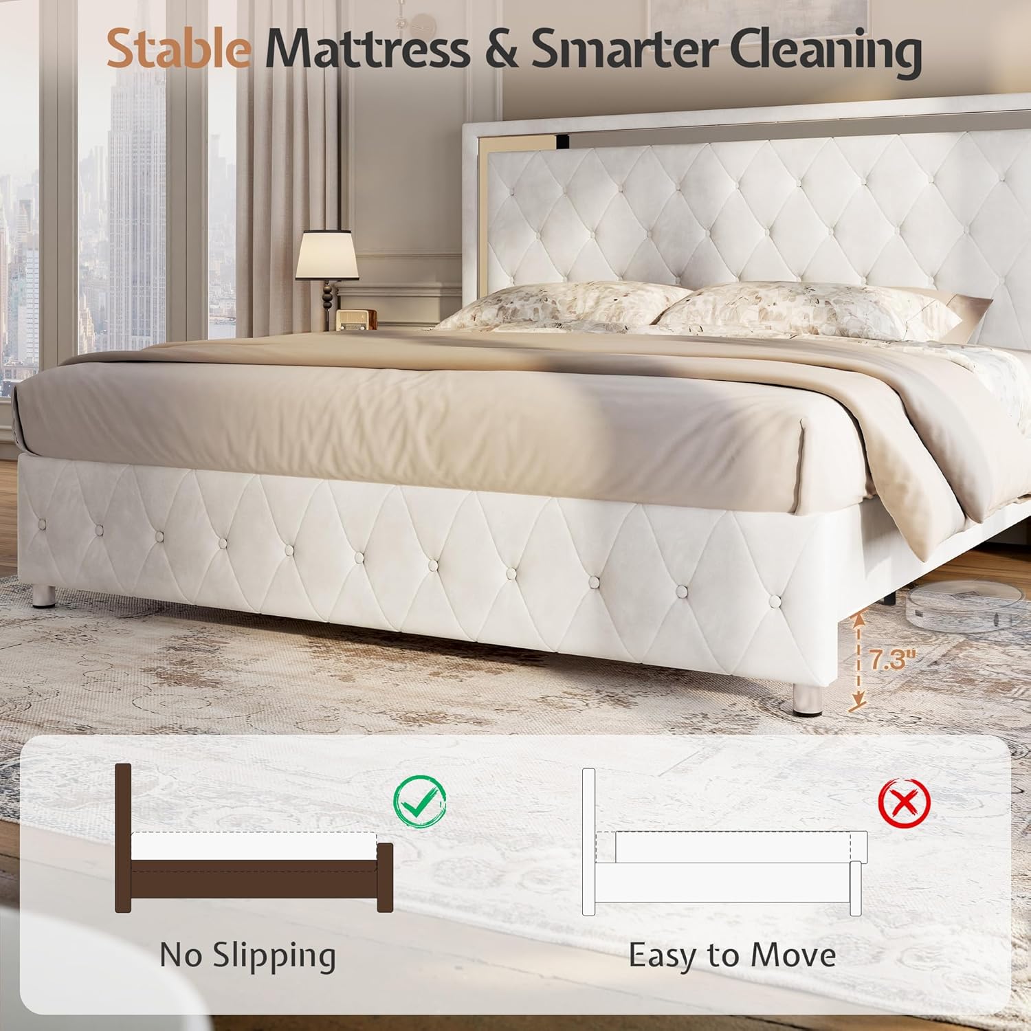 Jocisland Twin Bed Frame with LED Lights Headboard&Footboard, Velvet Upholstered Twin Size Platform Bed Frame No Box Spring Needed/White