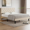 VECELO Queen Bed Frame with Button Tufted Headboard, Upholstered Platform with Wooden Slat Support, No Box Spring Needed, Cream Beige