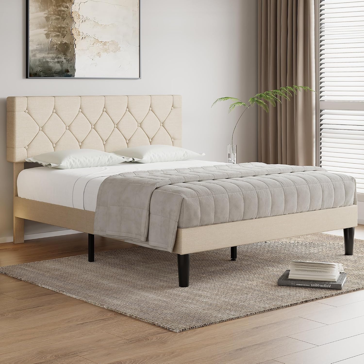 VECELO Queen Bed Frame with Button Tufted Headboard, Upholstered Platform with Wooden Slat Support, No Box Spring Needed, Cream Beige