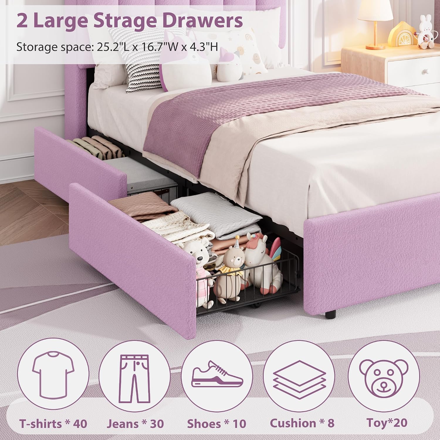 Garvee LED Twin Size Bed Frame with Storage Headboard, Kids Bed Frame with 2 Drawers, Boucle Upholstered Platform Bed for Girls, Chic Wavy Headboard with Bookcase, No Box Spring Needed, Purple