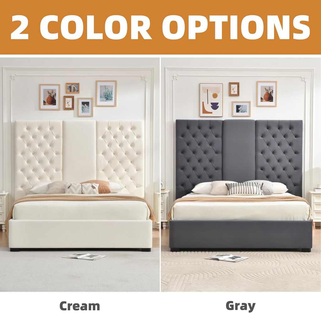 Queen Size Bed Frame with 63' Tall Headboard, Velvet Fabric Upholstered Platform Bed with 2 Large Storage Drawers, Deep Button Tufted, Wooden Slats, Easy Assembly, No Box Spring Needed, Cream