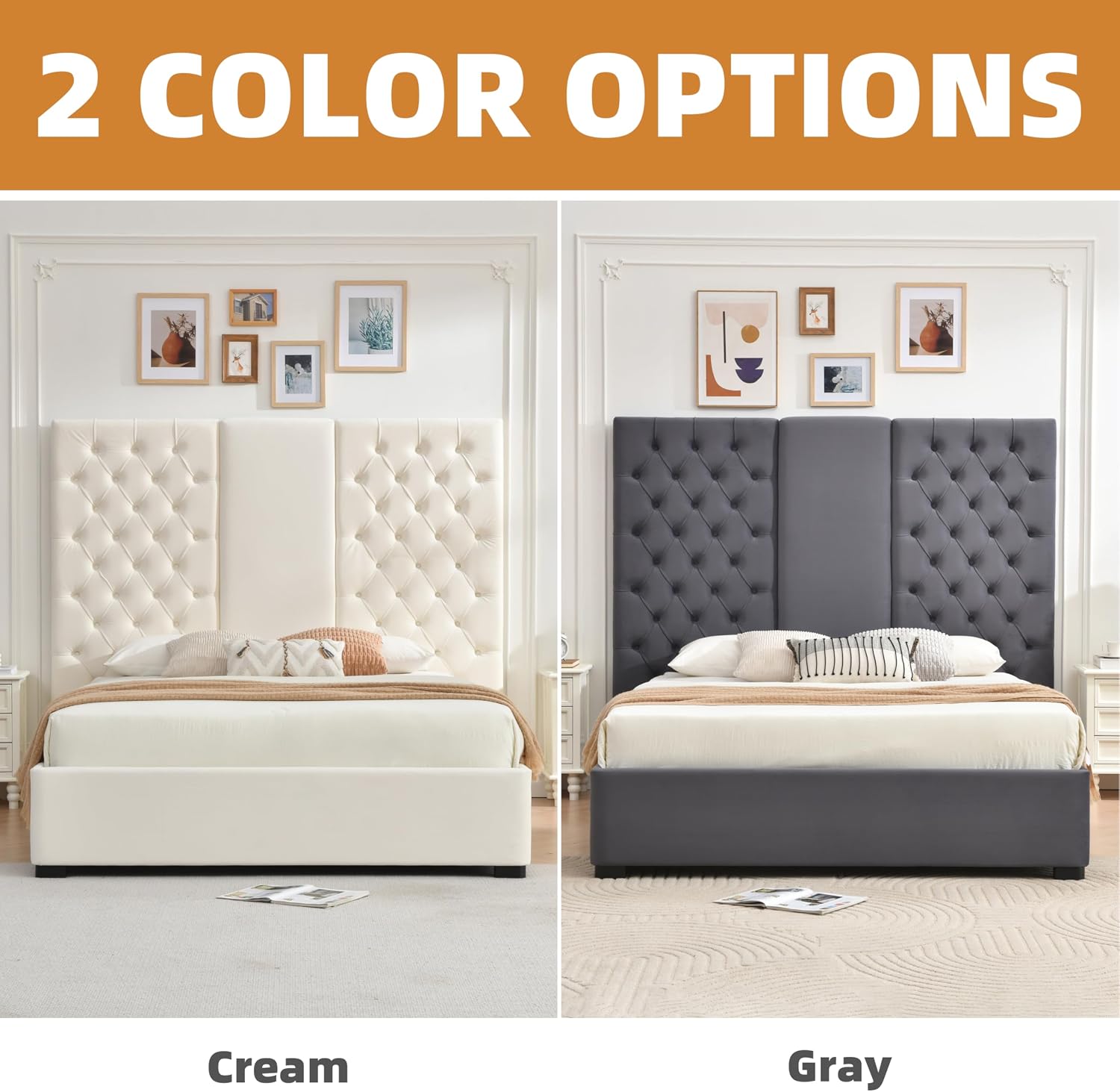 Queen Size Bed Frame with 63' Tall Headboard, Velvet Fabric Upholstered Platform Bed with 2 Large Storage Drawers, Deep Button Tufted, Wooden Slats, Easy Assembly, No Box Spring Needed, Cream