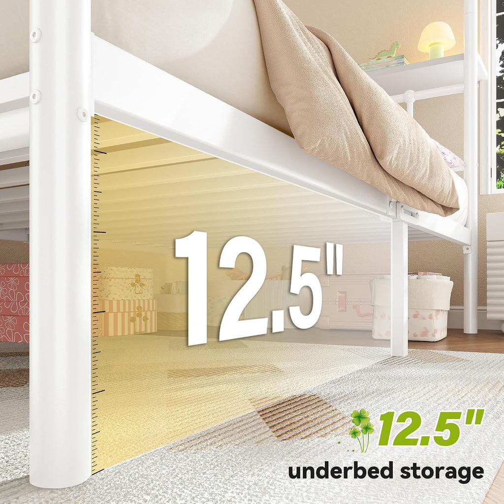 Homkdom Canopy Bed Frame with Storage Headboard, Twin Size Bed Frame with 4 Removable Posts, Sturdy Metal Platform with Under-Bed Storage, Dual Purpose Bed Frame, No Box Spring Needed, White