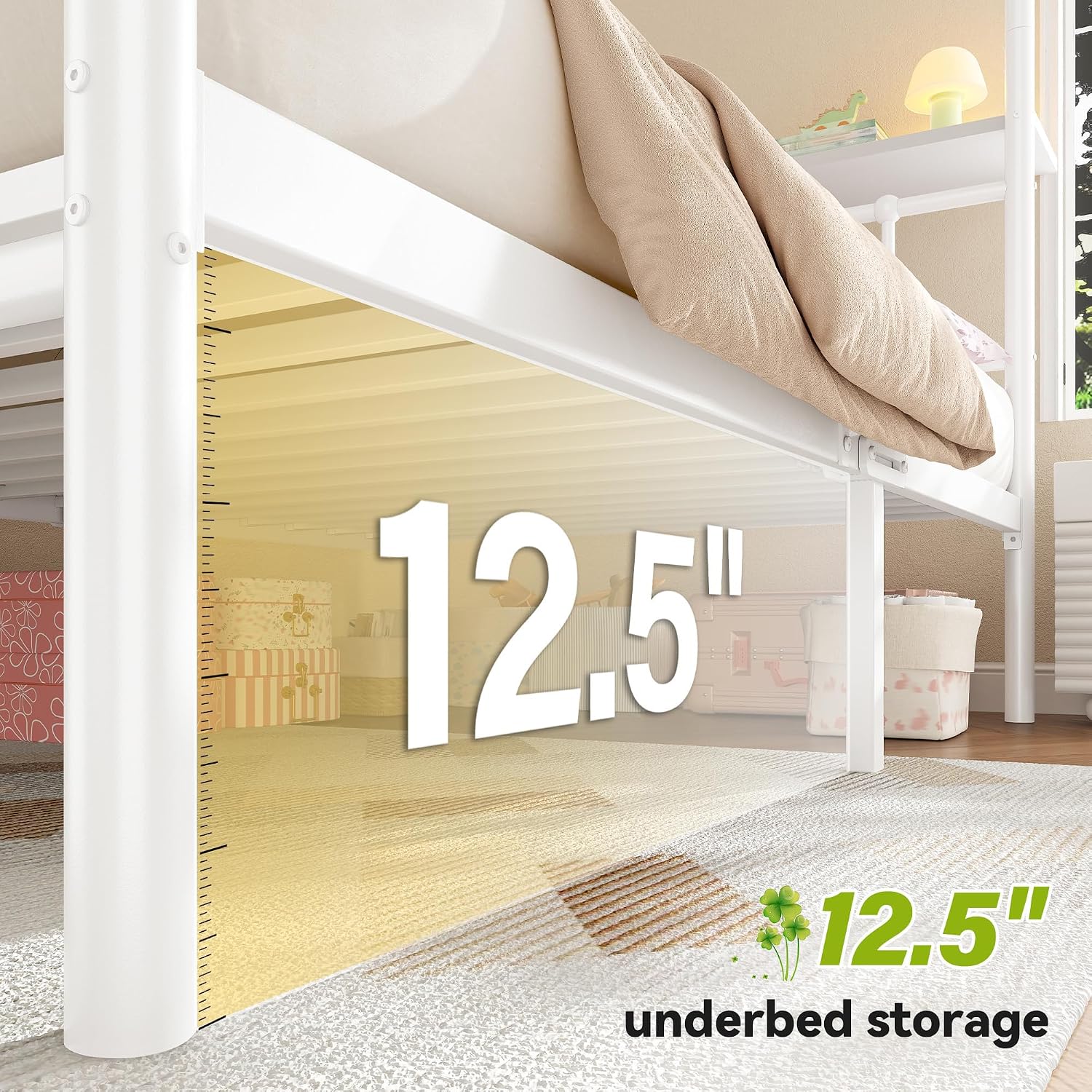 Homkdom Canopy Bed Frame with Storage Headboard, Twin Size Bed Frame with 4 Removable Posts, Sturdy Metal Platform with Under-Bed Storage, Dual Purpose Bed Frame, No Box Spring Needed, White