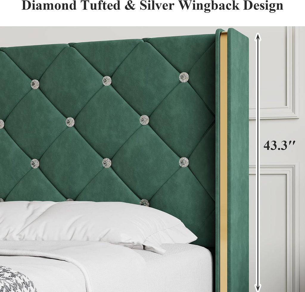 Lullabyre Full Size Bed Frame, Upholstered Bed Frame with Diamond Tufted Headboard, Modern Silverside Wingback, No Box Spring Needed, Easy Assembly, Green
