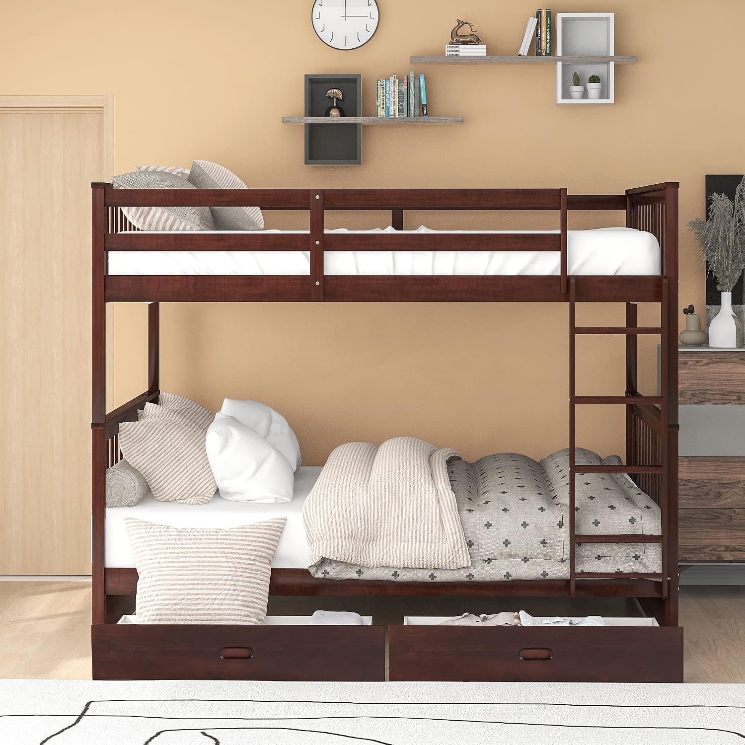 Harper & Bright Designs Full Over Full Bunk Bed with 2 Drawers, Solid Wood Platform Bed with Ladder, Full Length Guardrail and Headboard, No Spring Box Needed, Espresso