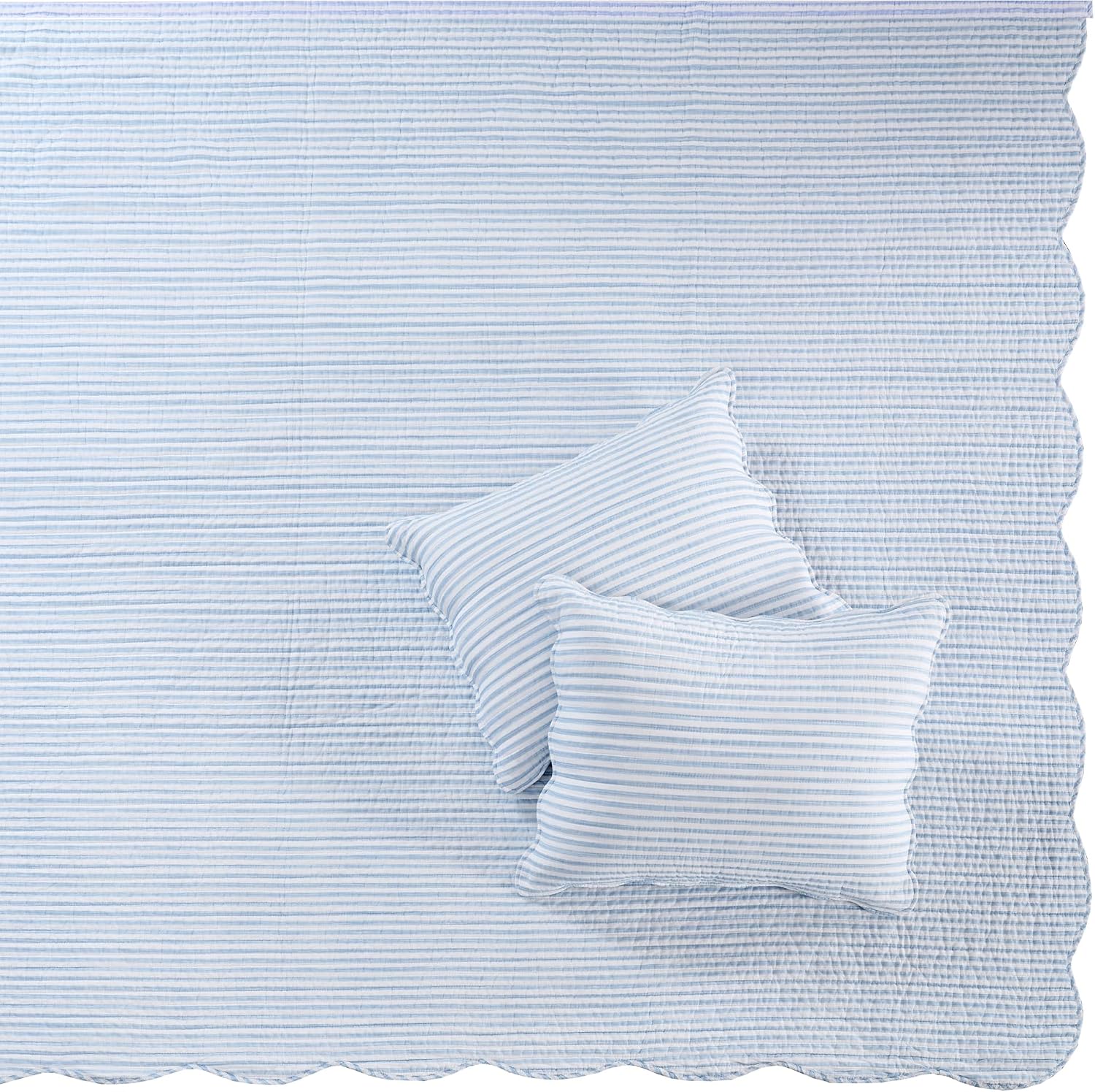 Levtex Home Martha Stripe Blue Reversible King Bedspread Set (120x106in) with 2 Pillow Shams (36x20in) - Stripe Bedding - Blue, White - Cotton King Size Bedspread Bedding Set - Lightweight, Soft