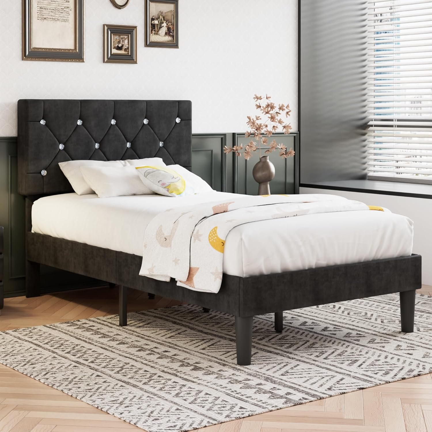 VECELO Twin Size Bed Frame, Upholstered Platform with Adjustable Diamond Tufted Headboard, Wood Slat Support, No Box Spring Needed, Velvet & Black