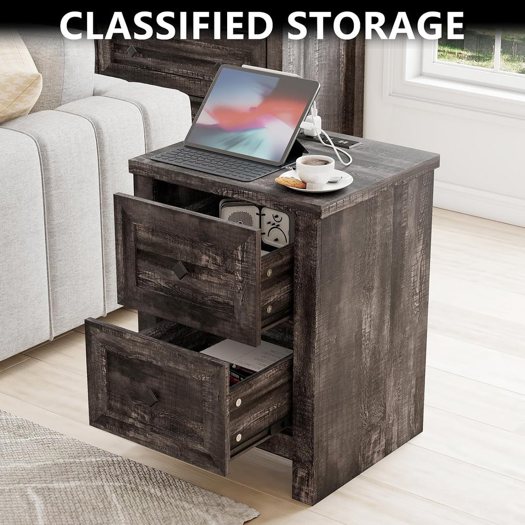 LUXOAK 3 Pieces Bedroom Sets, Includes Full Size Lift Up Storage Bed with Storage Headboard & Charging Station, 2 Drawers Farmhouse Nightstand Set of 2 with Charging Station, Black