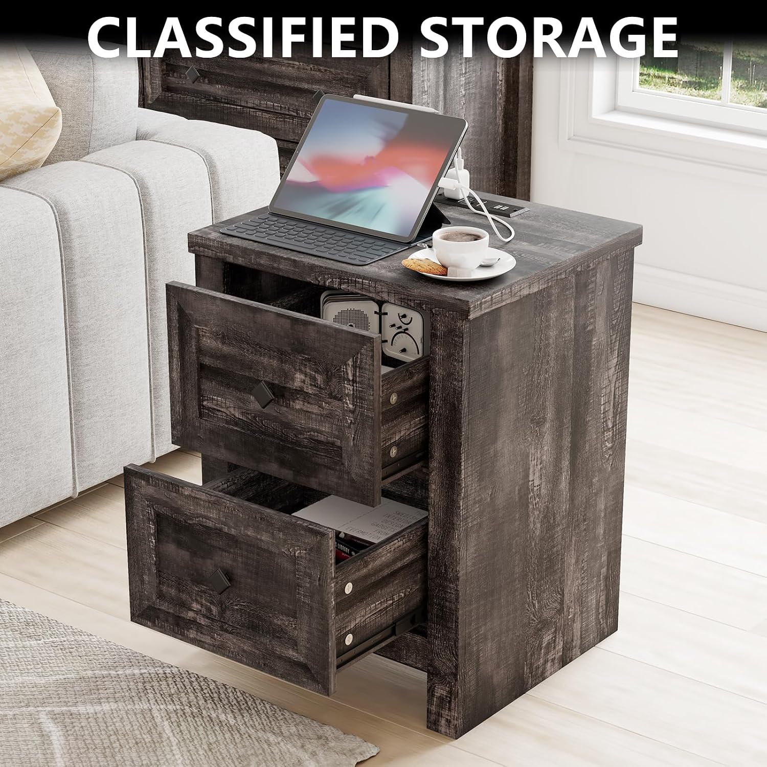 LUXOAK 3 Pieces Bedroom Sets, Includes Full Size Lift Up Storage Bed with Storage Headboard & Charging Station, 2 Drawers Farmhouse Nightstand Set of 2 with Charging Station, Black