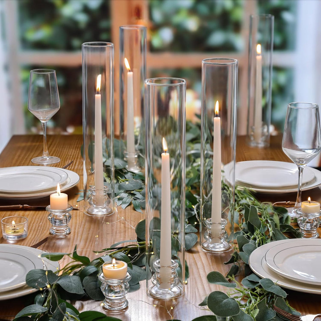 Volens Hurricane Glass Candle Holders Bulk- Set of 24 Candlestick Holders for Taper Candles with Windproof Cylinder Covers 14' Tall Clear Glass Chimney Cover for Wedding Table Centerpiece