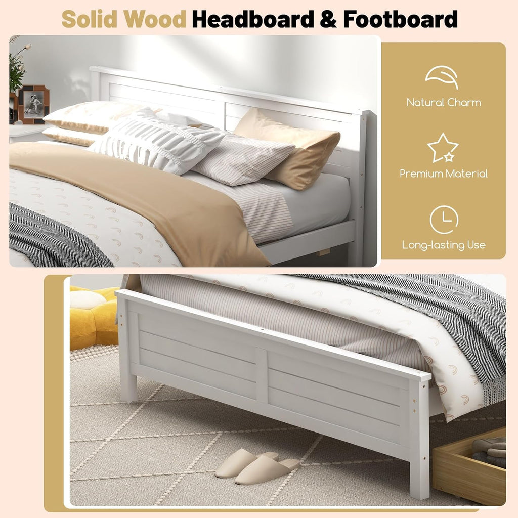 GOFLAME Full Size Bed Frame with 2 Drawers, Platform Bed with Solid Wood Headboard & Footboard, Wood Slats Support Mattress Foundation, Under Bed Storage, No Box Spring Needed, Easy Assembly, White