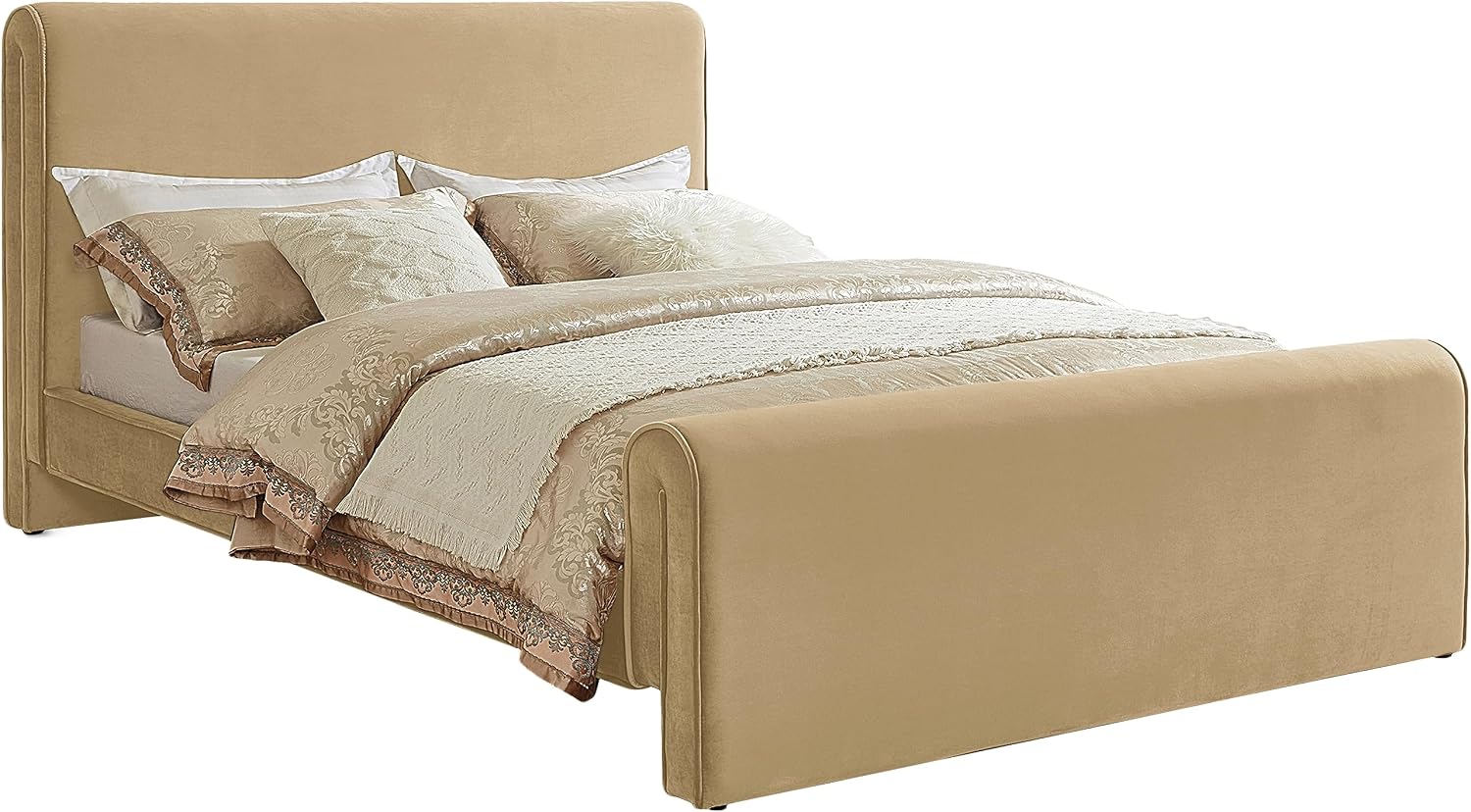 Meridian Furniture SloanCamel-K Sloan Collection Modern | Contemporary Velvet Upholstered King Bed with Rich Soft Camel Velvet, Curved Headboard and Footboard, 81' W x 92' D x 45' H, Camel, King