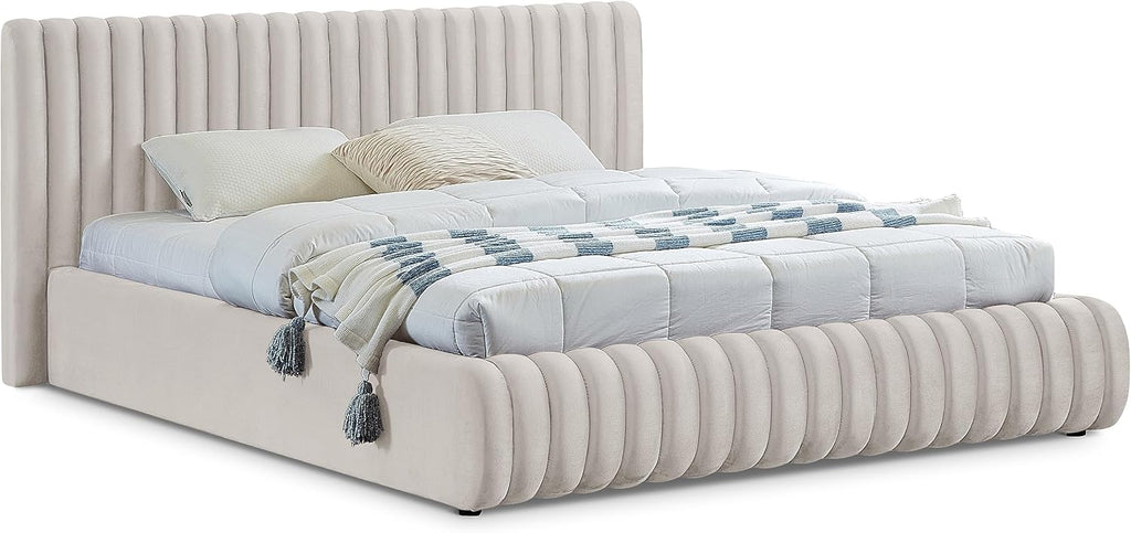 Meridian Furniture NicoCream-K Nico Collection Modern | Contemporary Velvet Upholstered King Bed with Rich Cream Velvet and Deep Channel Tufting, 89' W x 91' D x 38' H, Cream, King
