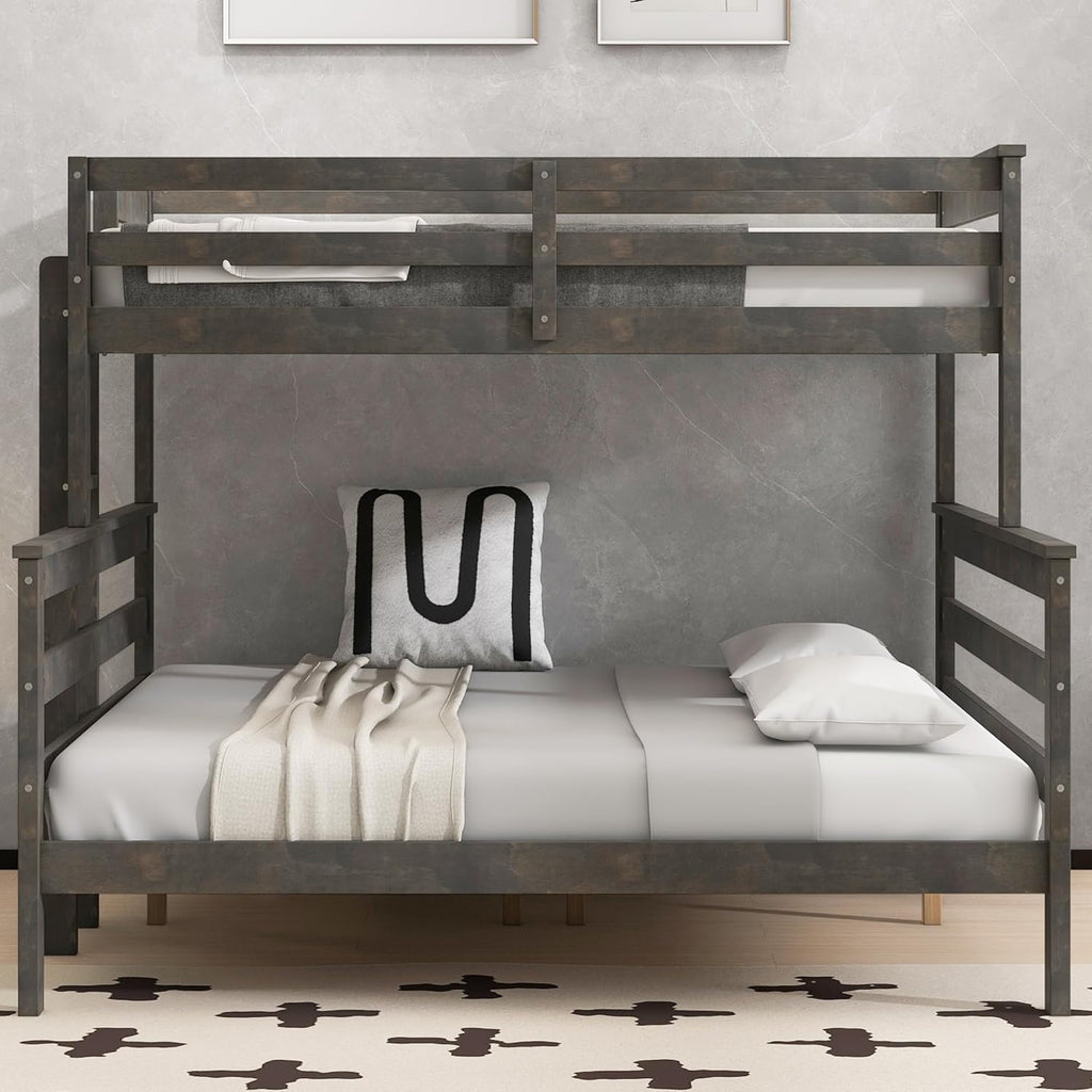 Harper & Bright Designs Detachable Design Twin XL Over Queen Bunk Bed with Ladder,Wood Twin-Over-Queen Bunk Bed Frame with Guardrail,Separated into 2 Beds,Gray